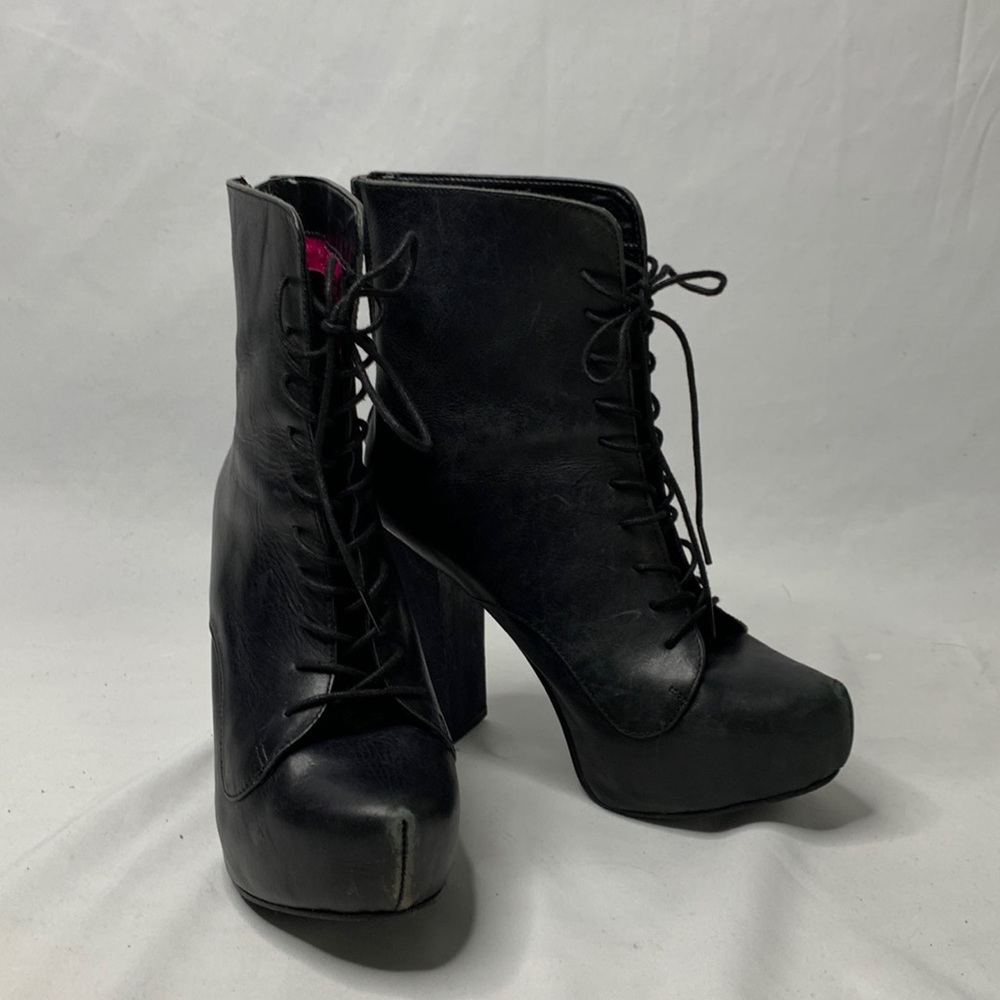 Betsey Johnson Black Leather Platform Lilly Lace Up Boots